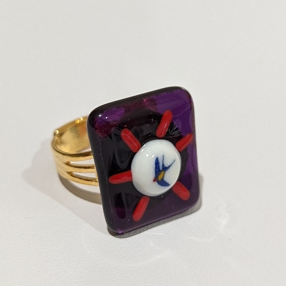 Artisan Handmade purple glass bird animal print statement ring - Picture 2 of 2